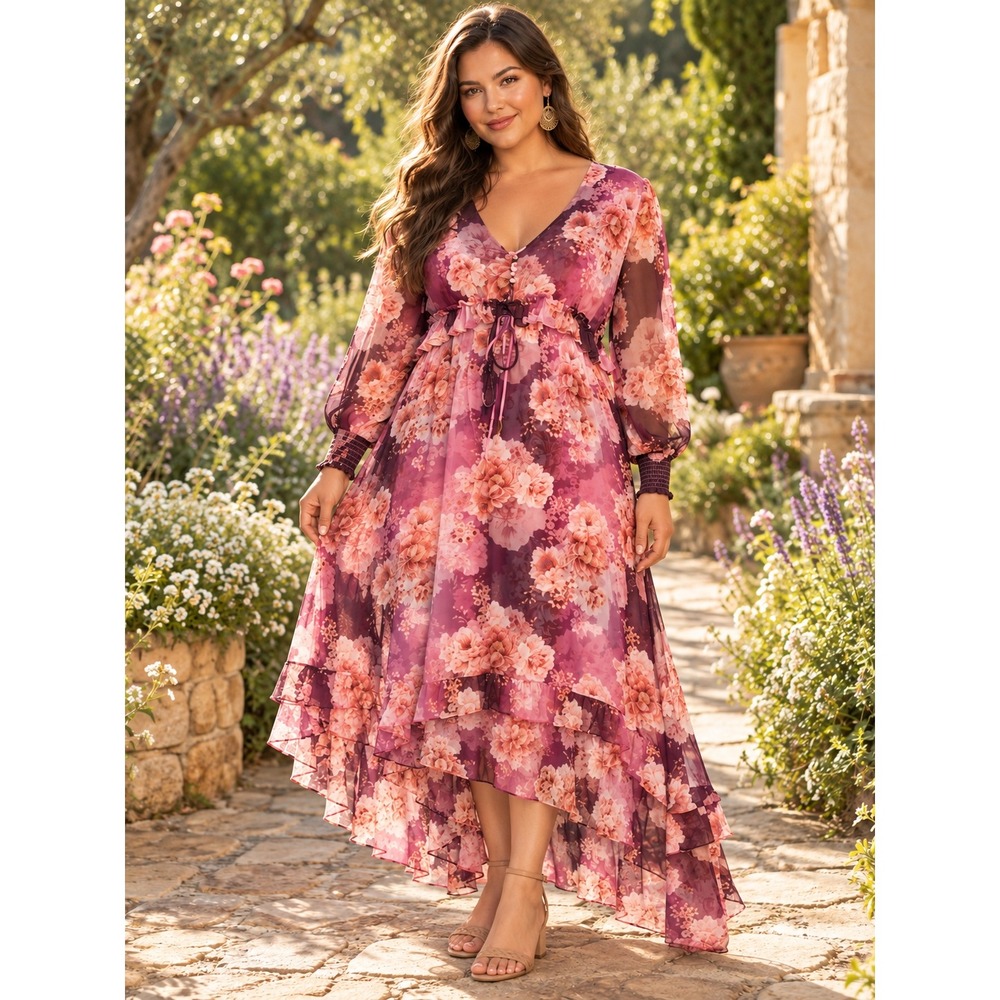 Johnny Was Jade Carina Floral Silk Sheer Maxi Dress XL Pink Plum Boho